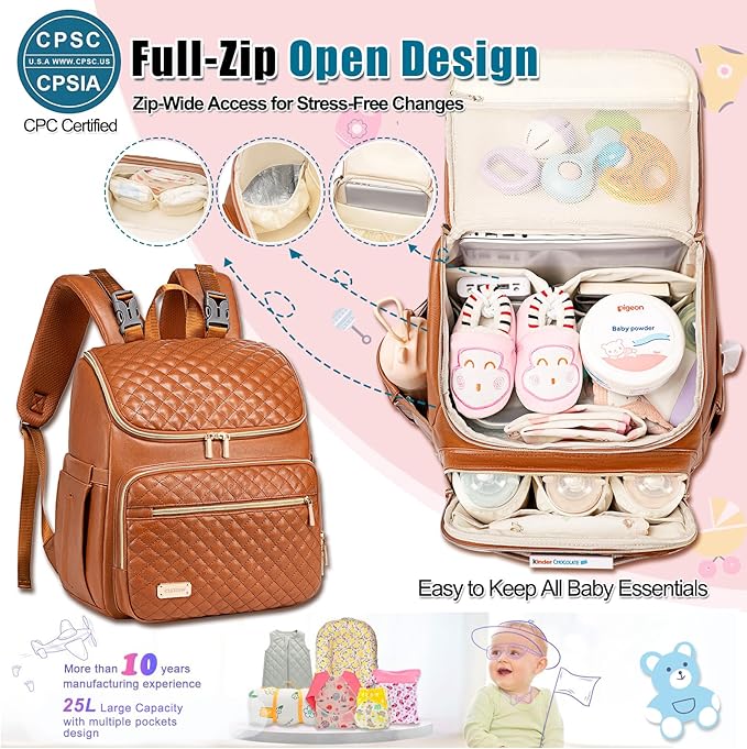 Weitars Diaper Bag Backpack Leather Baby Diaper Bag with Changing Pad Travel Diaper Backpack,Baby Bag for Mom,Stroller Straps,5 Insulated Pockets (Brown Leather)