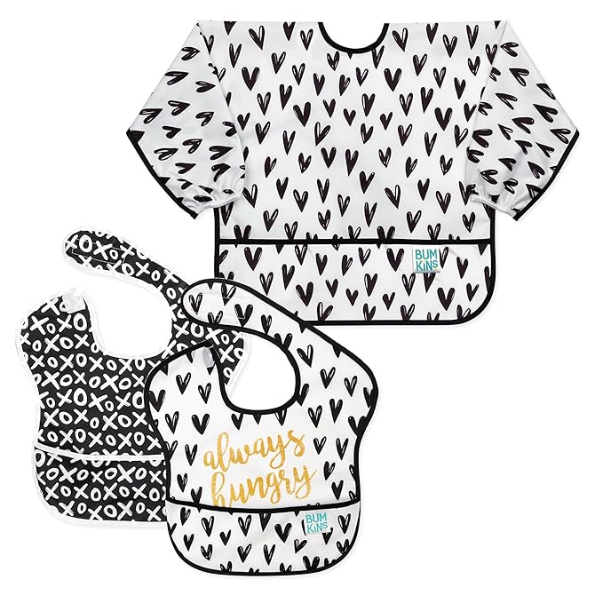 Bumkins - SuperBibs + Sleeved Bib - For Boys & Girls, Babies & Toddlers 6-24 Months - Lightweight, Durable, Waterproof - Catch-All Pocket - Wipeable & Machine Washable - Black Hearts on White - 3 Pack