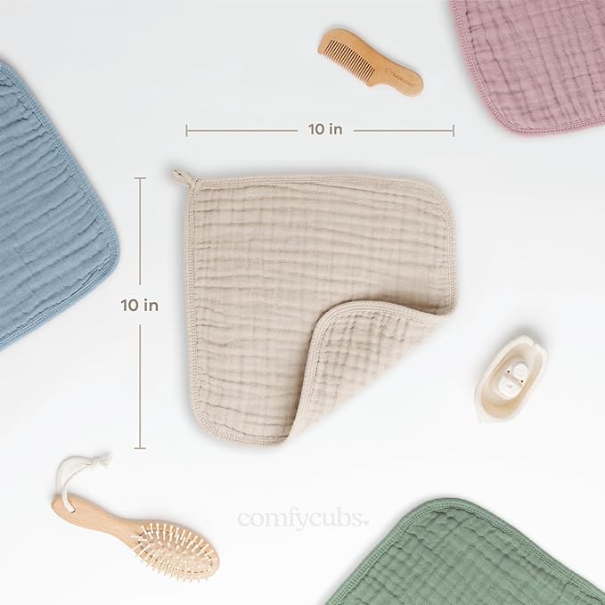 Comfy Cubs Muslin Baby Washcloths 10 Pack - Soft 6-Layer Cotton Wash Cloths for Sensitive Skin - 10"x10" Large, Gentle, Absorbent Infant Essentials for Newborn and Toddlers - Sand