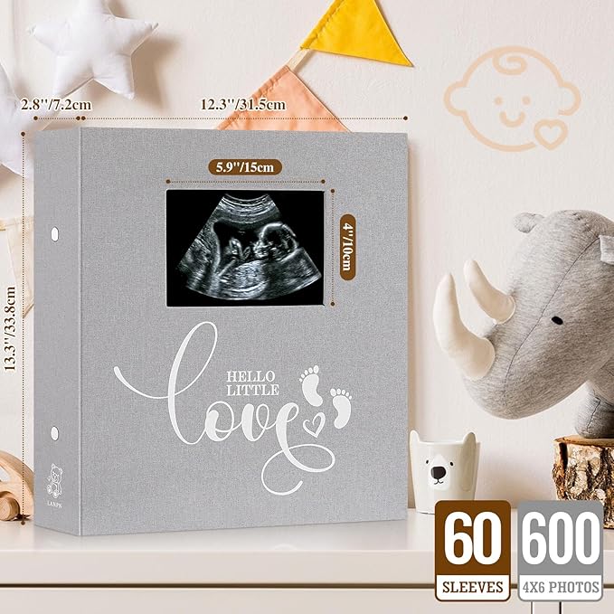 Lanpn Baby Photo Album 4x6 600 Pockets, Linen Cover Ultrasound Album, Sonogram Picture Album, Newborn Bebe Memory Book Photobook with Front Window, Gift for Boy Girl Baby Shower Birthday Grey