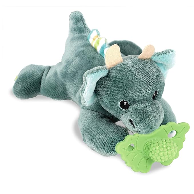 RaZbaby Dragon RaZbuddy w/RaZberry Teething Relief Pacifier – Soothes Sore Gums w/Nature-Inspired Texture, 100% BPA-Free Silicone Teether, Detachable Stuffed Animal – 3 Months+ Teether, Mint