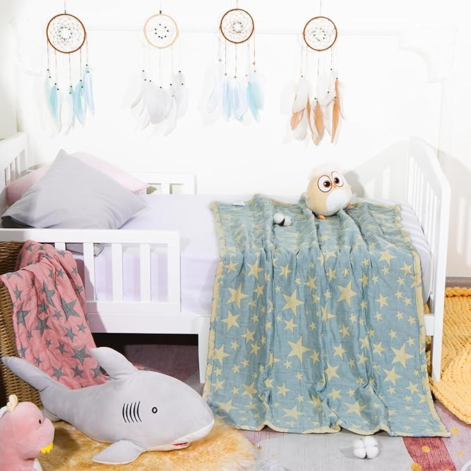 NTBAY 3 Layer Toddler Blanket, Muslin Cotton Jacquard Bed Blankets, Lightweight Thermal Baby Blanket, Super Soft and Warm Crib Blanket for All Seasons, Decoration Gift, 45"x60", Blue and Yellow Star