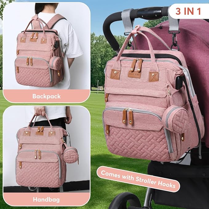 Diaper Bag Backpack with Changing Station, Large Diaper Bag For Boys And Girls, Multifunctional Waterproof Travel Diaper Backpack, Baby Bag with USB Charging Port for Moms Dads,pink