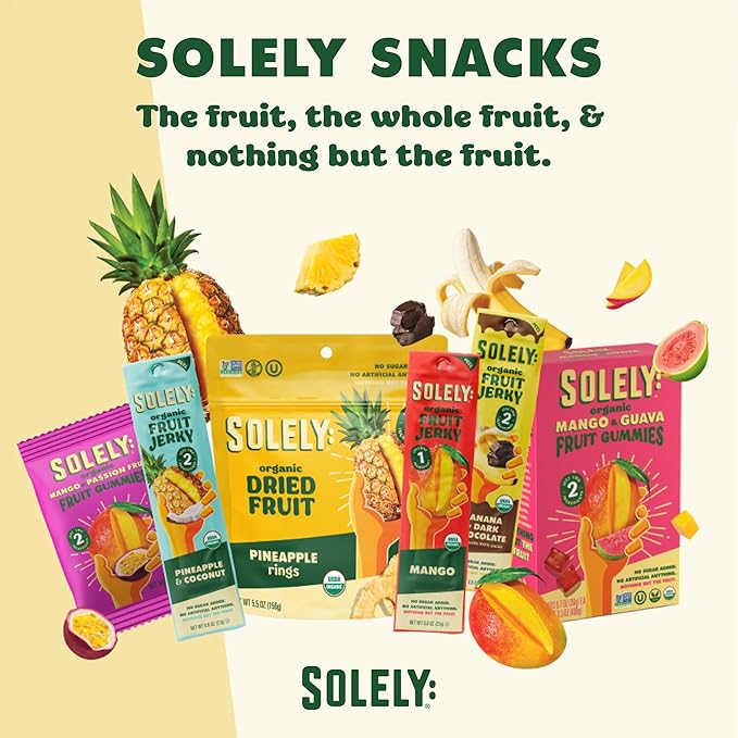 SOLELY - Organic Spicy Pineapple Chili and Salt Fruit Jerky - 12 Individually Wrapped Strips - Fruit Leather Made from Dried Fruit - Healthy Snacks for Adults & Kids - Vegan Snacks - 0.8oz (23g)