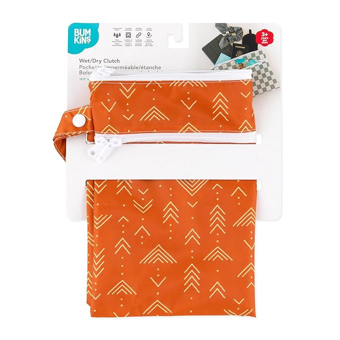 Bumkins Waterproof Wet Dry Clutch Bag for Baby, Travel, Swim Suit, Cloth Diapers, Pump Parts, Pool, Gym Clothes, Toiletry, Hook to Stroller, Daycare, Zip Reusable Bag, Packing Pouch, Boho Orange