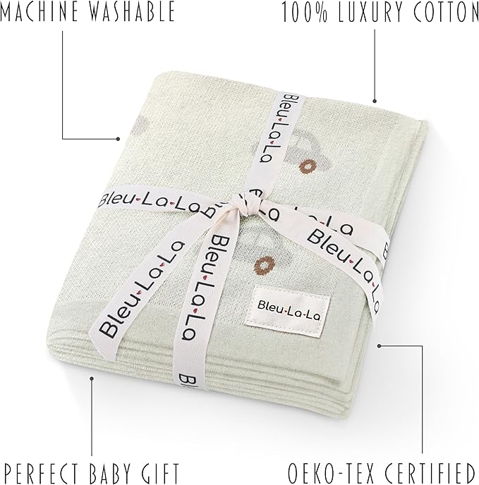 Knit Baby Blanket for Girls and Boys 100% Cotton Buttery Soft Cozy Receiving Swaddle Stroller Blanket for Shower Gift Registry for Newborns, Infants, Toddlers (Cars - Cream)