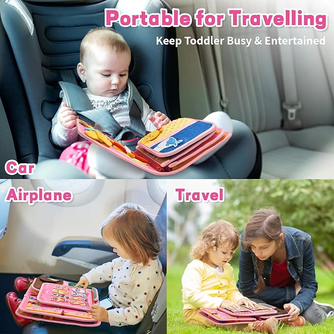 Toddler Busy Board Montessori Toys, Sensory Board Busy Book, Busy Board for Toddlers 2-4, Preschool Learning Activities with Life, Unicorns Pink, 8 Pages and 2 Pages Sensory Mats