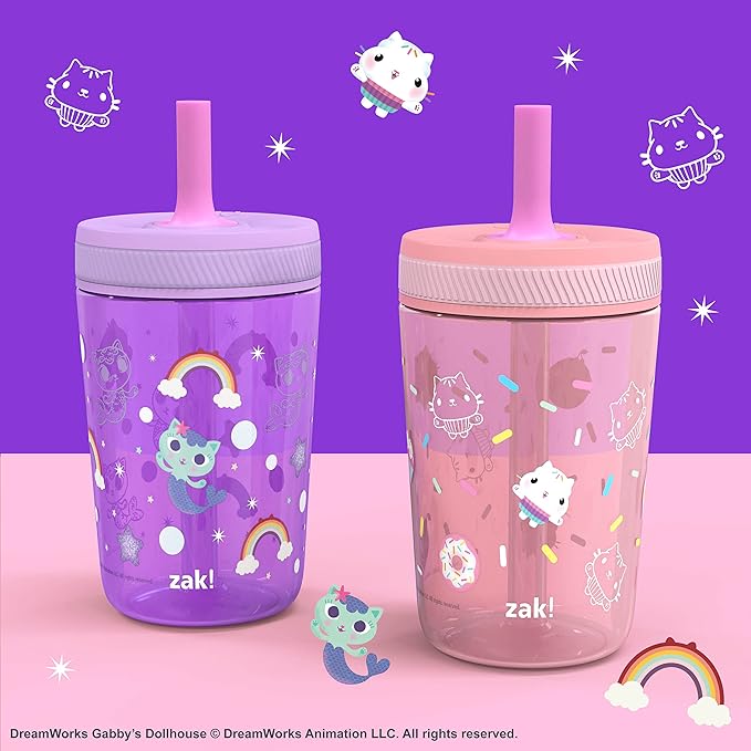 Zak Designs Gabby's Dollhouse Kelso Toddler Cups For Travel or At Home, 15oz 2-Pack Durable Plastic Sippy Cups With Leak-Proof Design is Perfect For Kids Cakey Cat, Mercat