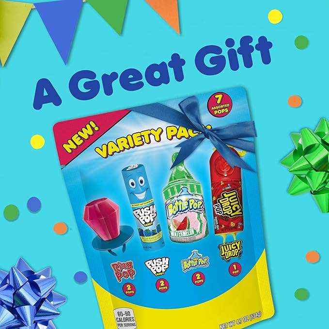 Assorted Candy Variety Pack 7 Count Lollipops - Ring Pop, Push Pop, Baby Bottle Pop & Juicy Drop - Ideal for Kids Party Favors, Party Favor Bags by Bazooka Brands
