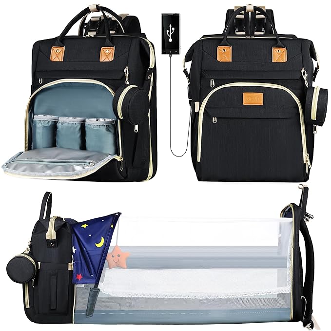 Diaper Bag Backpack for Mom and Dad, Large Capacity Baby Travel Bag with USB Charging Port, Waterproof Foldable Baby Bag for Boys and Girls, Stylish Maternity Backpack for Travel & Hospital,Black