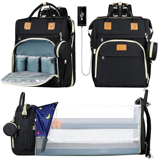 Diaper Bag Backpack for Mom and Dad, Large Capacity Baby Travel Bag with USB Charging Port, Waterproof Foldable Baby Bag for Boys and Girls, Stylish Maternity Backpack for Travel & Hospital,Black