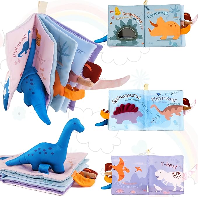 Richgv Baby Books Toys 0-6-12 Months, Baby Boy Gifts Touch and Feel Crinkle Books with Dino Doll, Newborn Infant Carseat Toys 6-9-12 Months Shower Gifts Easter Basket Stuffers