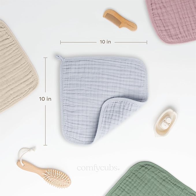 Comfy Cubs Muslin Baby Washcloths 10 Pack - Soft 6-Layer Cotton Wash Cloths for Sensitive Skin - 10"x10" Large, Gentle, Absorbent Infant Essentials for Newborn and Toddlers - Slate