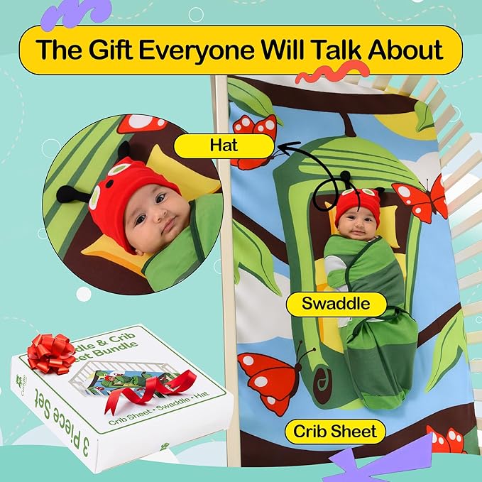 Cuddle Club Newborn Swaddle Gift Set – Includes Swaddle Blanket, Hat & Crib Sheet in Fun Styles – For Baby Boys & Girls