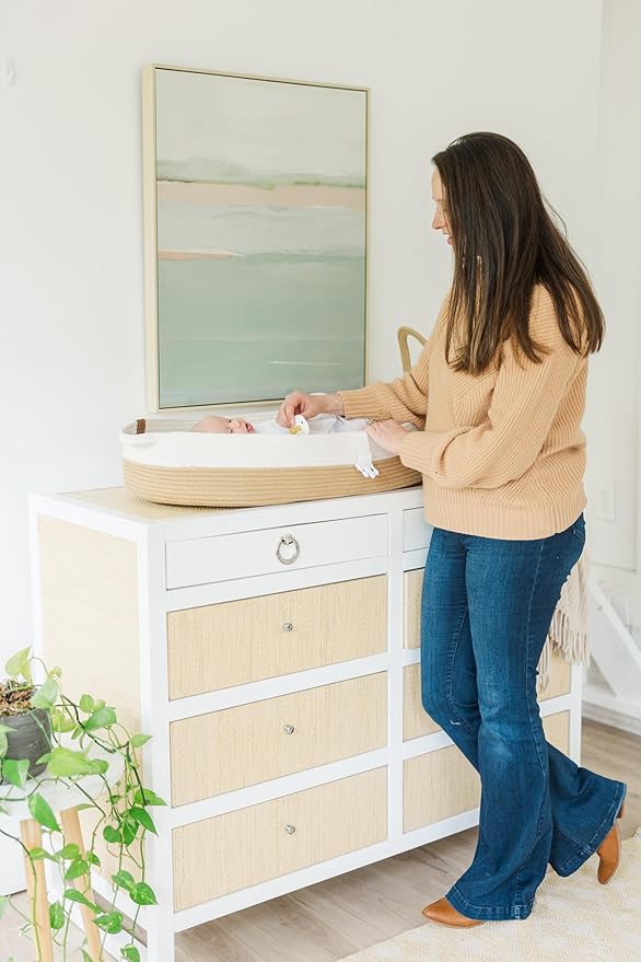 J&JOO Baby Changing Basket includes Diaper Caddy - Breathable & Waterproof Dual-Cover, Portable, Changing Pad for Dresser & Changing Table, Gift for Baby Shower (Brown & White, Diaper Caddy Set)