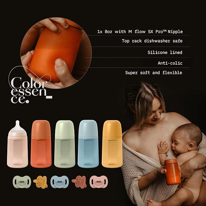 Suavinex Color Essence SX PRO Physiological Soft Flexible Silicone Baby Bottle, Anti Colic Baby Bottles, Supports Breast Feeding Babies, Made in Spain, Medium Flow, 8oz, Sunset Orange