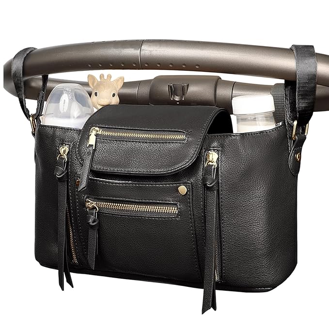 miss fong Stroller Organizer with Insulated Cup Holder Stroller Caddy Stroller Accessory BagStroller Diaper Bag Stroller Storage Stroller Bag with Adjustable Strap to Fit All Strollers (Black)