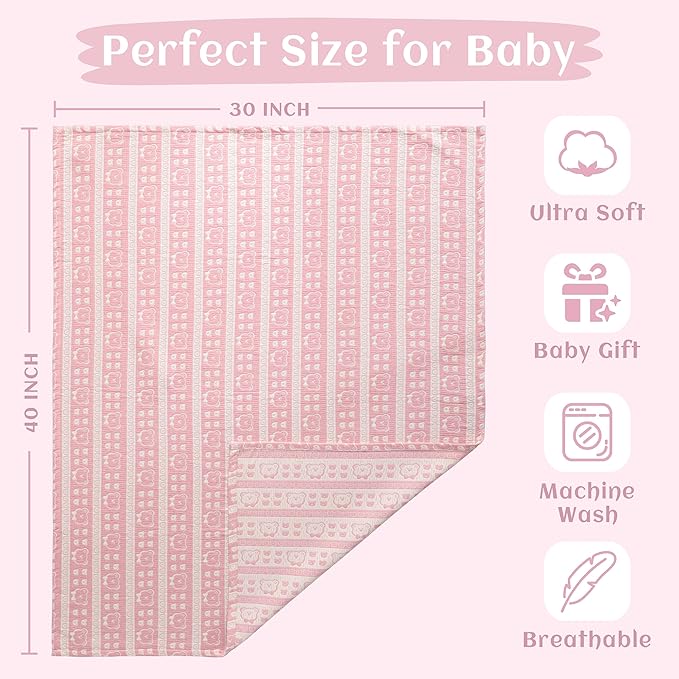 NTBAY 3 Layer Muslin Cotton Toddler Blanket, Jacquard Reversible Nursery Bed Blanket, Super Soft and Thermal for All Seasons, Decoration Gift, 30"x40", Pink Bear