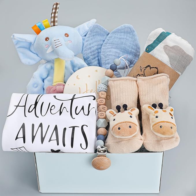 Newborn Baby Boy Gift Basket for Boy, Welcome Home Gift Set with Swaddle Blanket, Clothes, Baby Essentials, Baby Boy Gift Box, Gender Reveal Gift Set