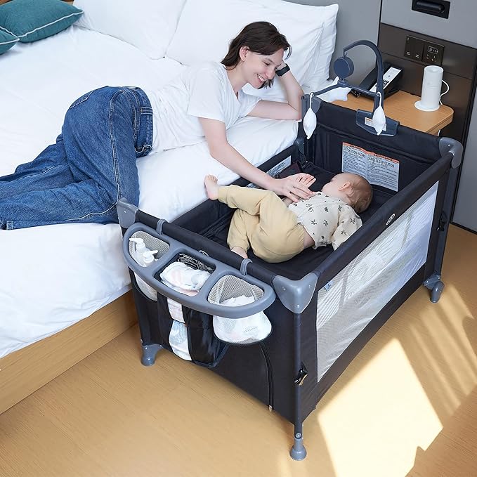 5 in 1 Baby Bedside Sleeper,Baby Pack and Play with Bassinet & Mattress,Portable Bedside Crib with Storage, Playard with Bassinet from Newborn to Toddlers(Dark Grey) (Light Gray)