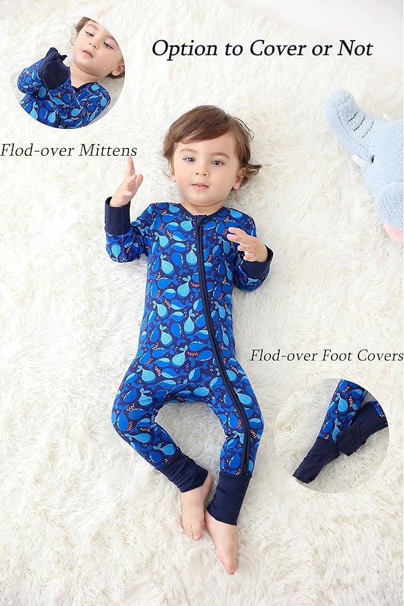 JunNeng Viscose from Bamboo Baby Boy Sleeper with Mitten Cuffs, Footless Soft Zippy Pajamas, Sleep N' Play Romper 0-18 Months