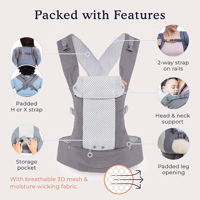 Beco Gemini Baby Carrier from Newborn to Toddler - Certified Ergonomic Newborn Baby Carrier for Infants and Children of 7-35 lbs - M Shape, Adjustable Seat, Breathable 3D Mesh (Cool Dark Grey)