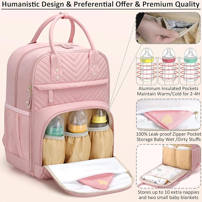Diaper Bag Backpack for Women with Changing Pad, Baby Bag with Insulated Pockets Multifunctional Diaper Bags For Baby Girl Boy Waterproof Baby Bags For Boys Girls Maternity Bag Baby Pink
