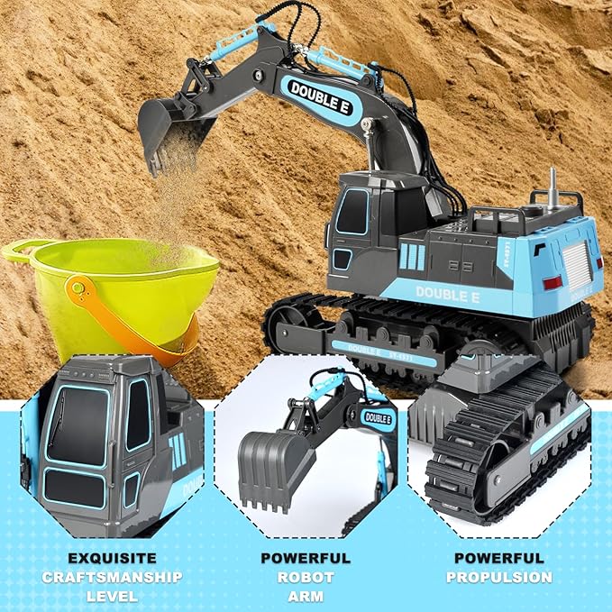 DOUBLE E Remote Control Excavator Toy RC Excavators Rechargeable Battery Digger Hydraulic Construction Toys Vehicles Xmas Gift for Boys Girls Kids 3-14 Years,Gray-Blue