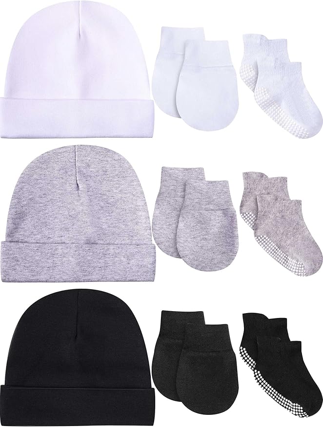 Baby Hats Mittens and Socks Set Unisex Cotton Beanie Cap and Scratch Mitten Non-Slip Baby Ankle Socks for Boys and Girls