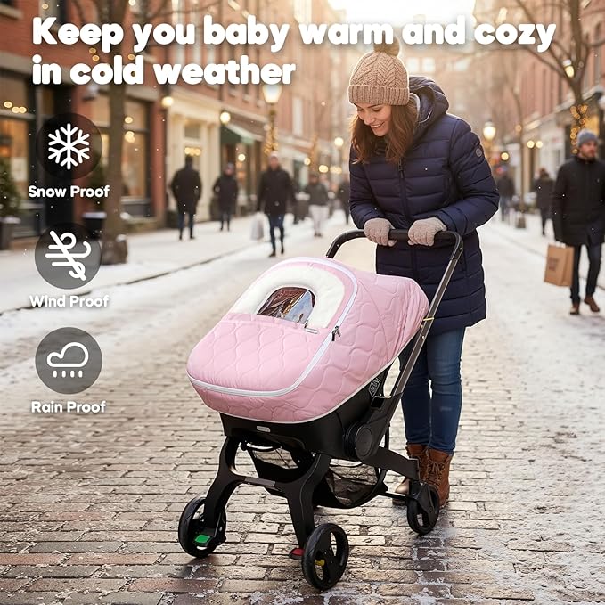 Winter Baby Car Seat Cover, Waterproof, Windproof Warm Fleece Breathable with Full Zipper for Newborn Car Seat, Pink