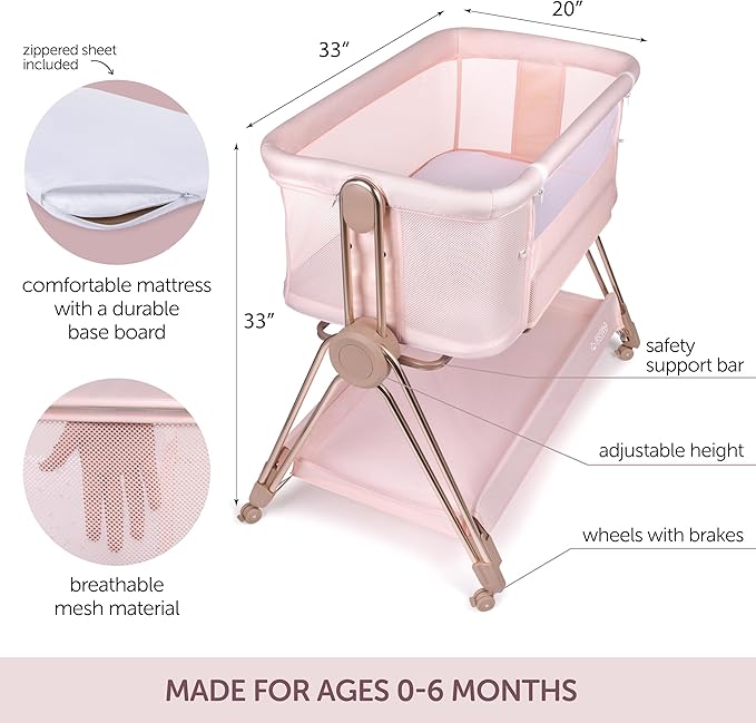 Baby Bedside Sleeper - Bassinet & Bedside Crib with Height Adjustment & Wheels - Can Be Placed Next to Bed - Attaches to Parents Bed - Easy to Fold & Carry Bassinet for Girls (Pink)