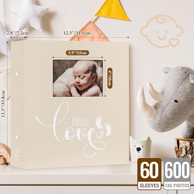 Lanpn Baby Photo Album 4x6 600 Pockets, Linen Newborn Bebe Memory Book Photobook Holds 600 Horizontal and Vertical Photos, Picture Album with Front Window Gift for Boy Girl Baby Shower Beige