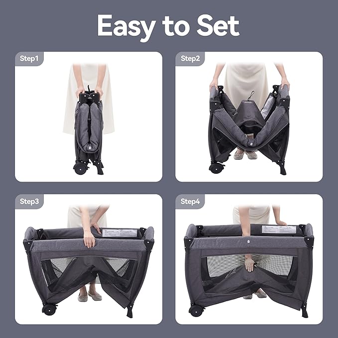 Pamo Babe Playard Portable Playard Foldable Playpen for Baby and Toddler Portable Crib Mattress Diaper Changer for Newborn (Grey)