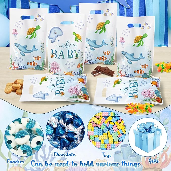 Summer Ocean Party Favor Bags - 50Pcs Sea Ocean Animals Goody Candy Treat Gifts Bags, Watercolor Under the Sea Themed Party Decorations for Kids Boys Girls Birthday Baby Shower Supplies