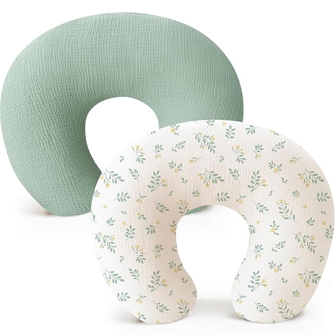 Konssy Muslin Nursing Pillow Covers, Soft and Cute Nursing Covers for Breastfeeding Pillows, Ideal for Newborn Baby Boys and Girls (Green, Leafy) - 2 Pack