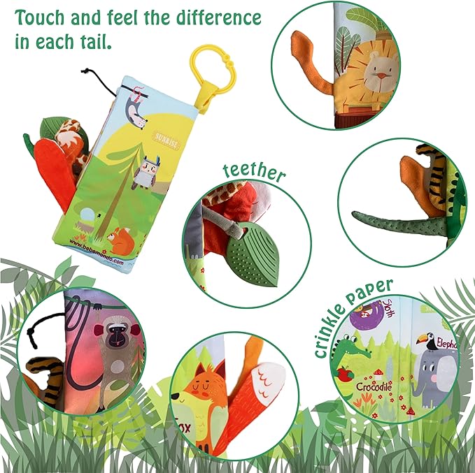 Jungle Baby Stroller Toys,Baby Books 0-6 Months,Touch and Feel Crinkle Cloth Books for Babies Infant Newborn Toys 0-3-6-12-18 Months, Interactive,Shower Gifts for Boys Girls