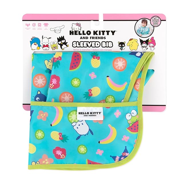 Bumkins Sleeved Bib for Girl or Boy, Baby and Toddler for 6-24 Mos, Essential Must Have for Eating, Feeding, Baby Led Weaning Supplies, Long Sleeve Mess Saving Food Catcher, Hello Kitty and Friends
