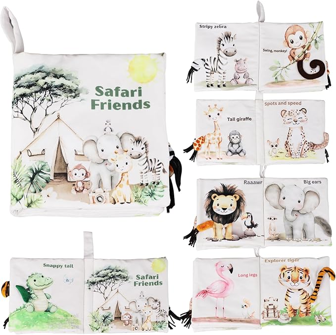 Ali+Oli Baby Cloth Book – Soft Sensory Crinkle Book with Textured Tails for Infants 0-12 Months – Early Learning Touch & Feel Tummy Time Toy – Newborn Shower Gift - Safari Friends