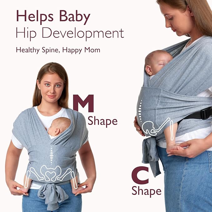 Momcozy Baby Wrap Carrier Skin-Friendly Fabric, Easy to Wear Baby Carrier Sling T-Shirt Design, Hands Free Baby Carriers Newborn to Toddler 8-35lbs, Adjustable Buckle Suit for Waist Waist 47-57, Grey