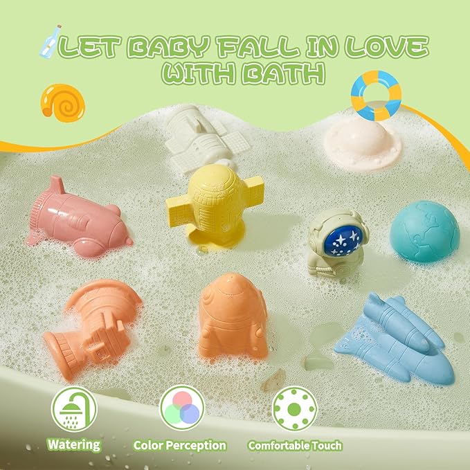 Mold-Free & No Holes Bath Toys 9 Pack | Safe Astronaut & Rocket Ship Toys for Babies 6-12M & Toddlers 1-3Y | Bathtub Pool Float Toys for Boys Girls