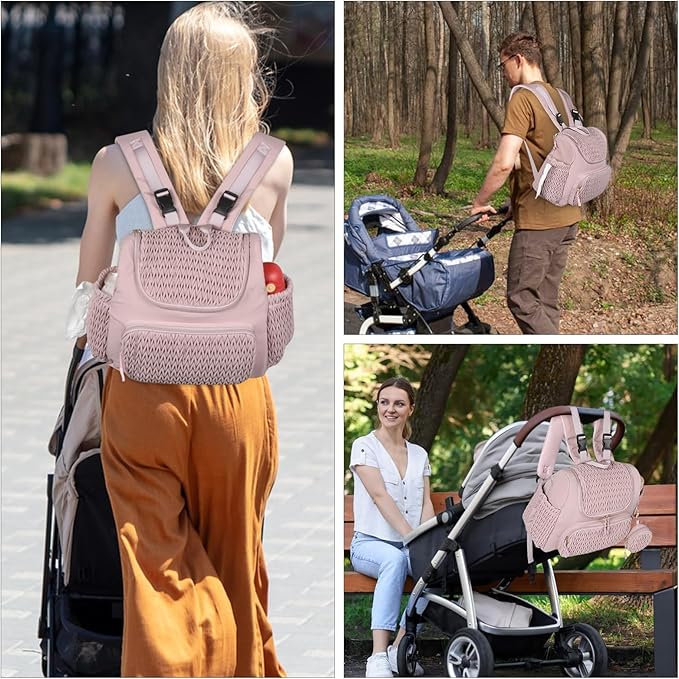 Geestock Diaper Bag Small Diaper Backpack, Stylish Quilted Baby Backpacks, Mini Maternity Bags, with Changing Pad, Pacifier Case & Stroller Straps, Parents Essentials Diaper Bag, Pink