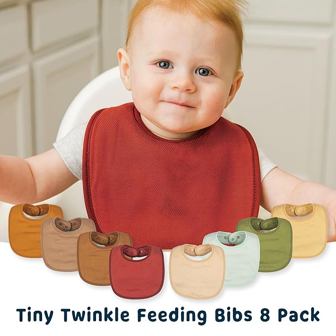 Tiny Twinkle 8 Pack Baby Food Bibs for Eating - Waterproof & Absorbent 6-12 Months Infant Bibs, OEKO-TEX Certified Drooling Bibs for Baby Led Weaning(Neutral Set 8-Pack)