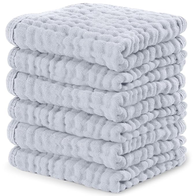 Comfy Cubs Muslin Baby Washcloths 6 Pack - Soft 6-Layer Cotton Wash Cloths for Sensitive Skin - 10"x10" Large, Gentle, Absorbent Infant Essentials for Newborn and Toddlers - Slate