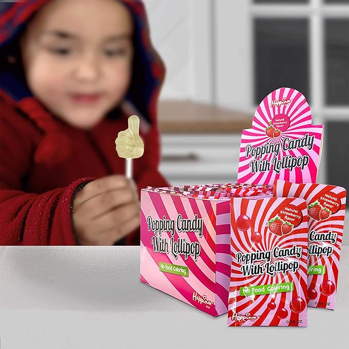 Happiness USA 50 Pack Pop Rock Candy with Dip Lollipops Individually Wrapped | All Natural Dye Free Suckers & Strawberry Candy Rocks No Artificial Colors or Flavors | Non Dairy Birthday Party Favors