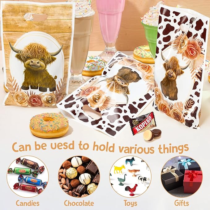 Highland Cow Party Favor Bags - 50Pcs Brown Cow Print Goody Candy Treat Gifts Bags, Highland Cattle Themed Party Decorations for Kids Birthday Baby Shower Animals Theme Events Supplies