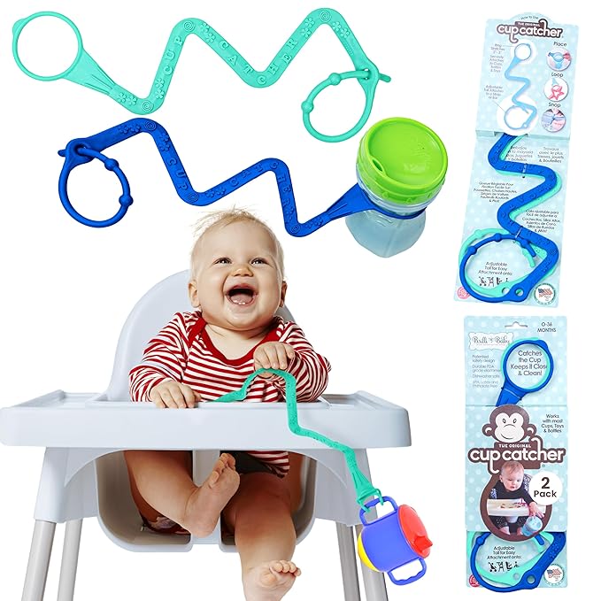 Brilli Baby Cup Catcher Patented Safety Tether Strap, Attach Sippy Cups, Bottles, Pacifiers & More to Stroller, High Chair, Car Seat, Made in USA, Food Grade, Dishwasher Safe (Aqua & Navy)