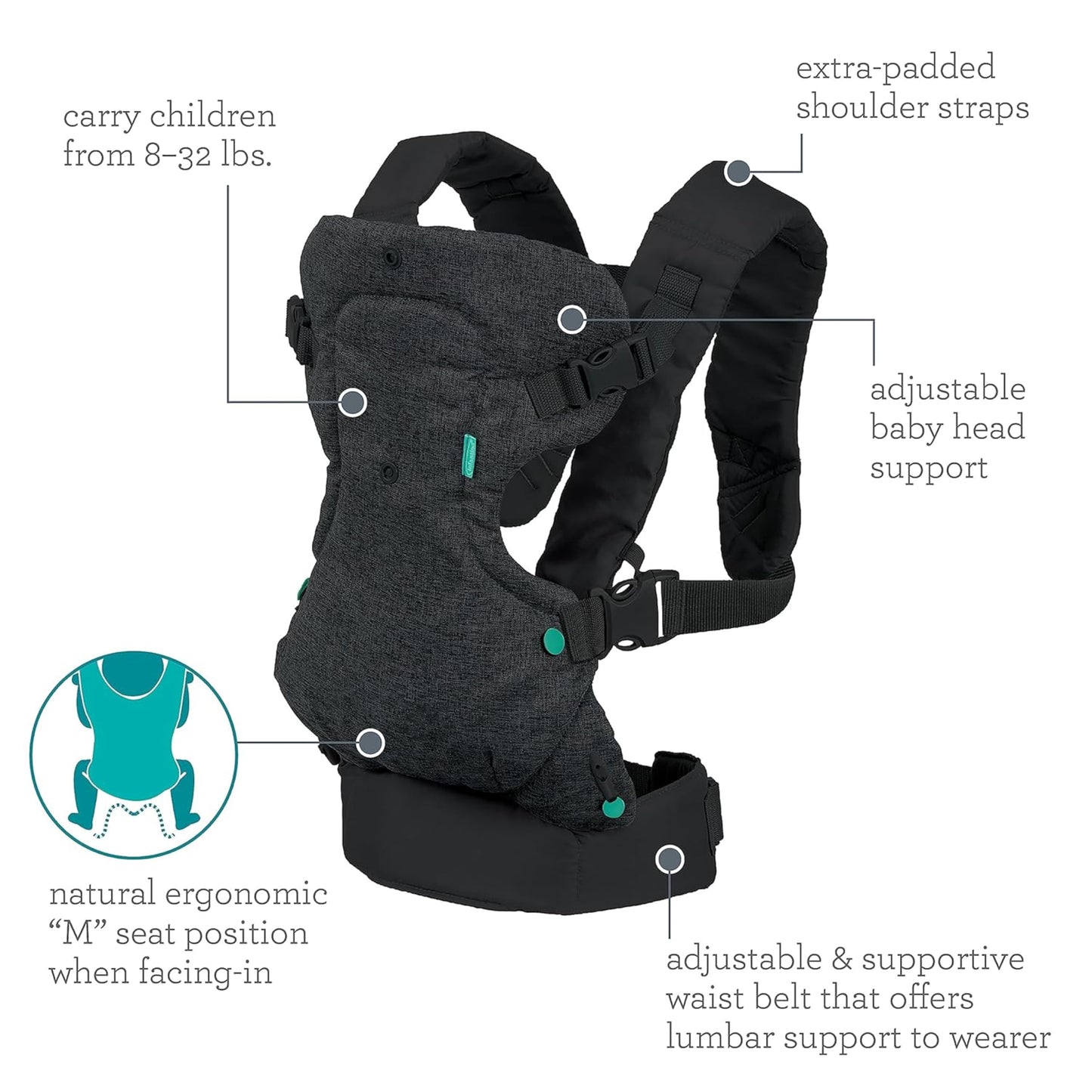 Infantino Flip 4-in-1 Convertible Baby Carrier, Adjustable, Ergonomic Babywearing, Registry Essential, Baby Carrier for Newborn to Toddler, Gray