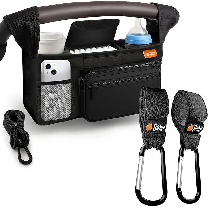 Baby Uma Stroller Caddy & Stroller Hooks - Universal Organizer Bag with XL Insulated Cup Holder, Phone Pocket, Wipes Dispenser, Wrist Bag & Mesh Pocket + 2 Carabiner Clips, Baby Travel Essential Kit