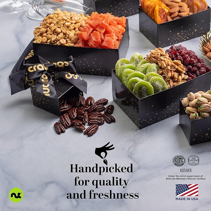 NUT CRAVINGS Gourmet Collection - Congratulations, Nuts & Dried Fruits Tower Gift Basket, with Congrats Ribbon + Greeting Card (12 Assortments) Food Arrangement, Healthy Snack, Food Assortments