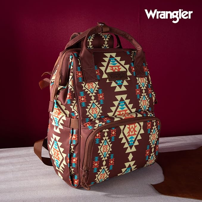 Wrangler Diaper Bag Backpack Aztec Travel Backpack Purses Western Multi-Function Baby Bags for Mom with Waterproof Insulated Pockets
